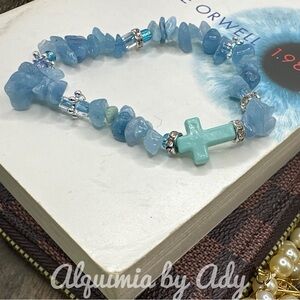 Aquamarine beaded bracelet/cross